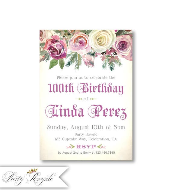 100th birthday invitations for women elegant floral invite etsy 100th birthday invitations