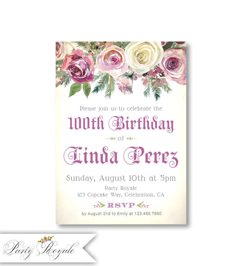 100th Birthday Invitations For Women Elegant Floral Invite Etsy