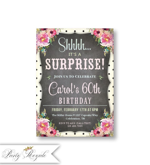 Surprise 60th Birthday Invitation. Chalkboard Pastel Design. | Etsy