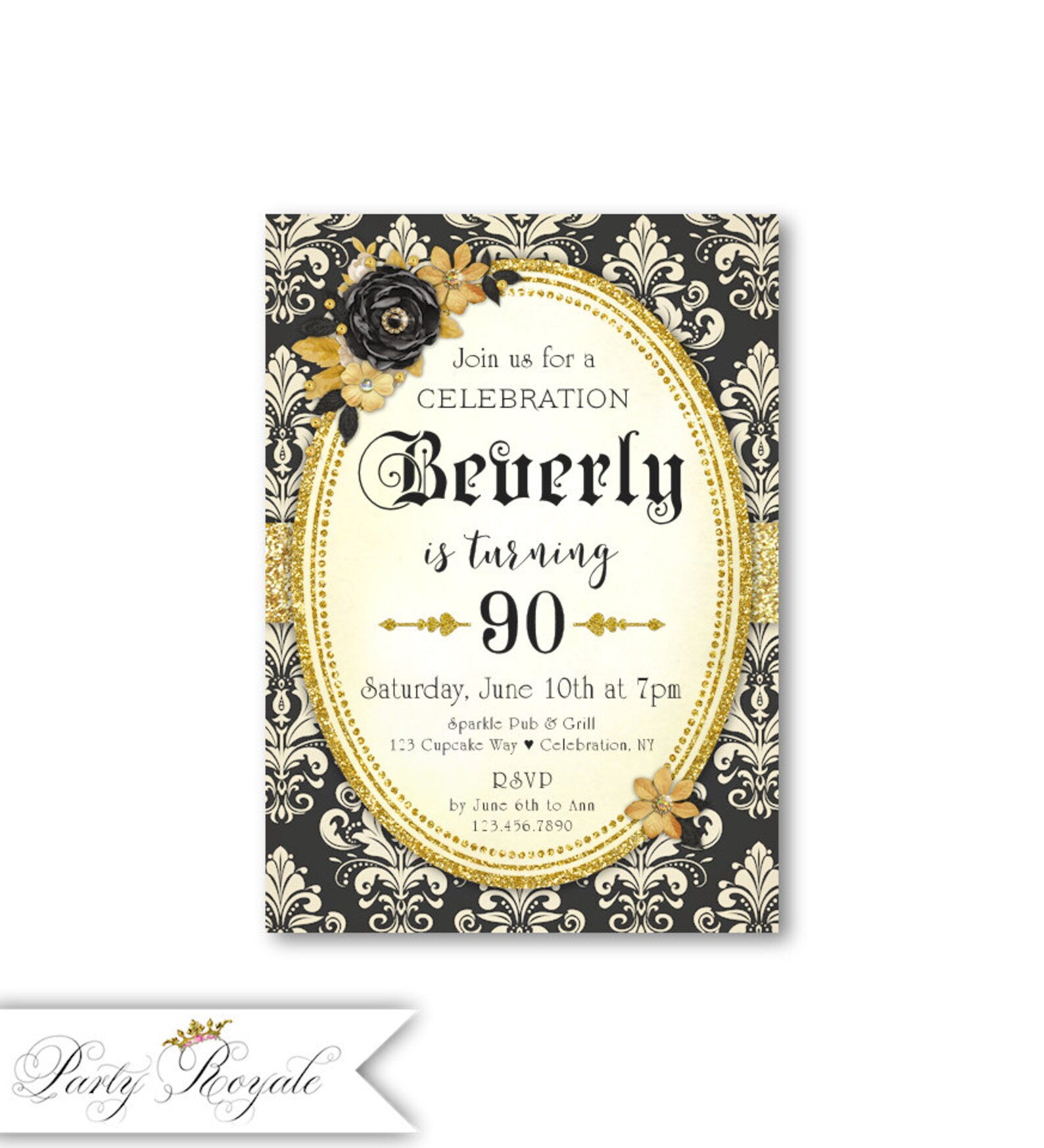 Elegant 90th Birthday Invitations Black and Gold Invites Etsy