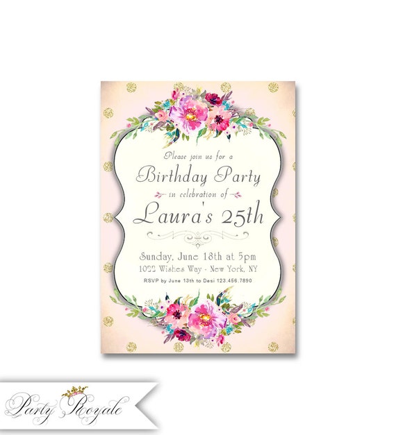Shabby Chic Birthday Invitations For Women 25th Birthday Etsy