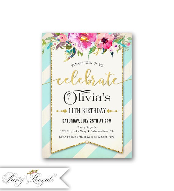 girls 11th birthday invitations kids birthday party invites colorful florals shabby chic invitations for kids 9th 10th 11th or any age kid birthday invitations