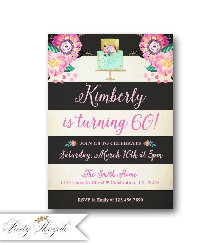 60th Birthday Invitations / Colorful Florals / Black and White | Etsy