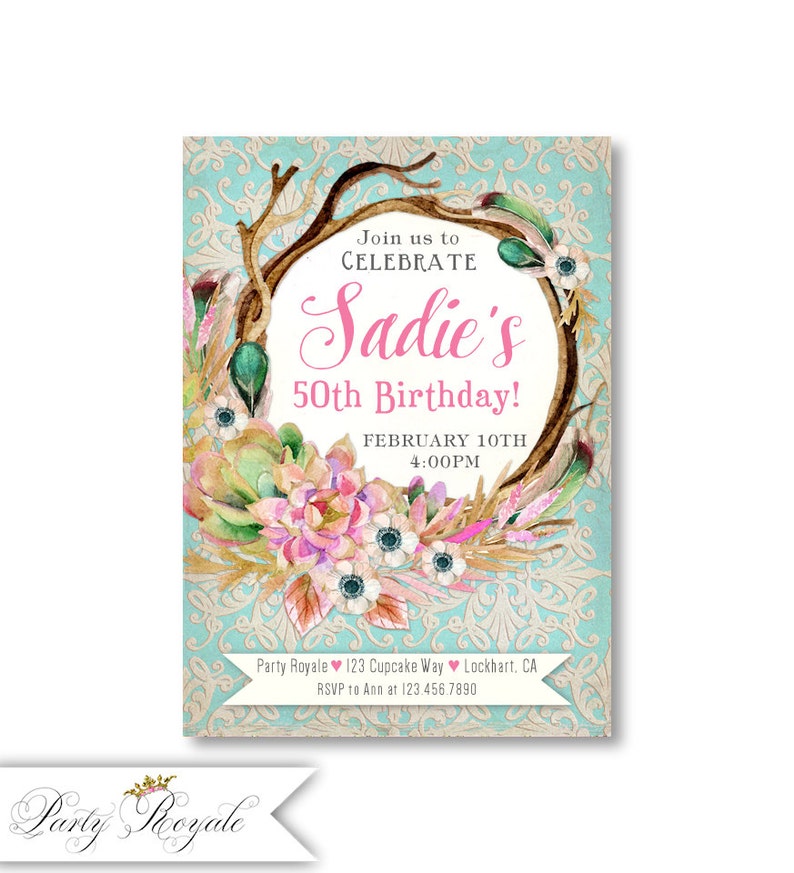 Boho 50th Birthday Invitations For Her Women S 50th Etsy