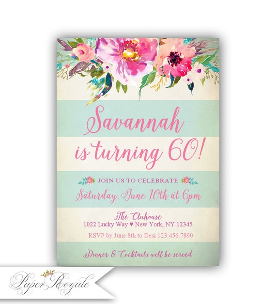 60th Birthday Invitation for Women Watercolor Floral Mint | Etsy