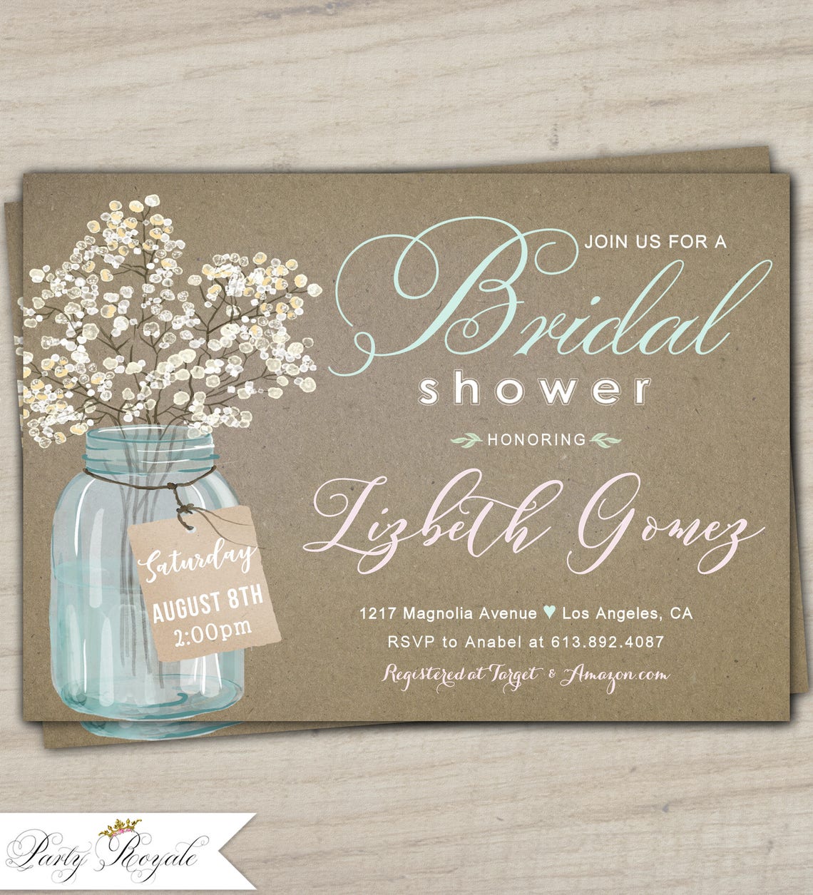 Mason Jar Bridal Shower Invitations Kraft Bridal Shower Etsy