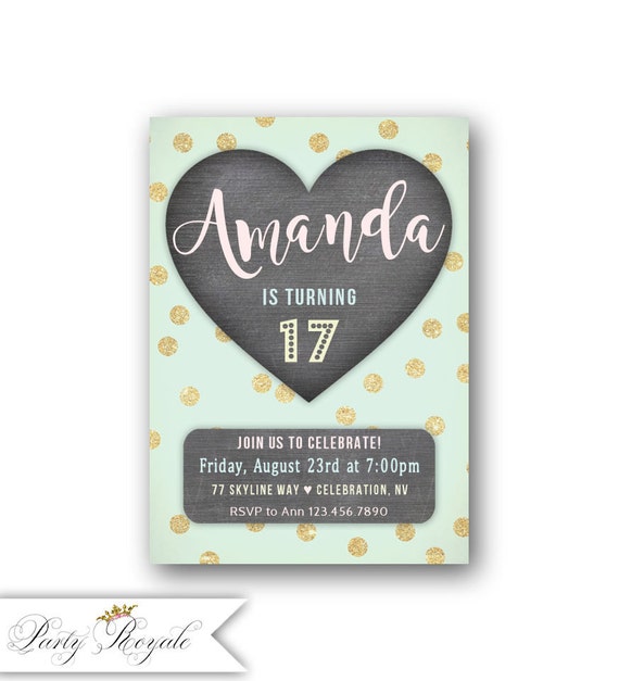 heart 17th birthday invitations