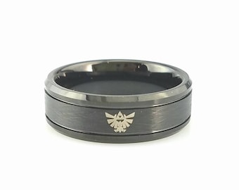 Black Wedding Ring, Zelda Ring, Legend of Zelda Wedding Band, Mens Ring, Tungsten Carbide Wedding Band, Anniversary Gift Custom Made Engrave