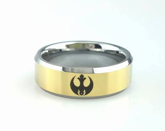 Star Wars Ring, Rebel Jedi Ring, Mens Wedding Band, Ring for Husband, Anniversary Ring, Jedi Wedding Ring, Gold Tungsten Ring, Ring for Him