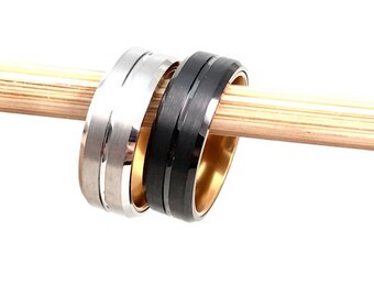 Tungsten Wedding Band For Men with Aluminum Brown Core Wedding Ring for Men Ridged Tungsten Ring Tungsten Carbide