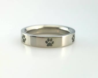 Titanium Wedding Band Dog Paw Wedding Ring Custom Size and Width Custom Laser Engraving Anniversary Ring