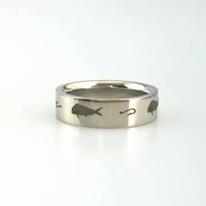 Titanium Wedding Band Fish and Hook Wedding Ring Custom Size and Width Custom Laser Engraving Anniversary Ring