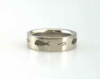 Titanium Wedding Band Fish and Hook Wedding Ring Custom Size and Width Custom Laser Engraving Anniversary Ring