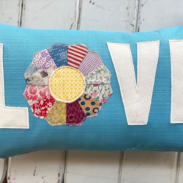 12”x20”Vintage upcycled Dresden patchwork flower Love pillow COVER.