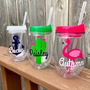 Personalized Stemless Wine Tumbler With Straw,  Pink Flamingo, Succulent, Anchor Tumbler