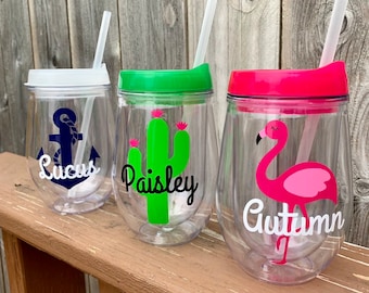 Personalized Stemless Wine Tumbler With Straw,  Pink Flamingo, Succulent, Anchor Tumbler