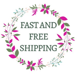 May include: A floral wreath with pink and green flowers and leaves surrounds the text "FAST AND FREE SHIPPING".