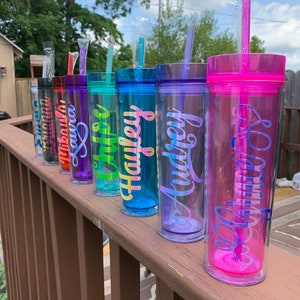 Personalized Skinny Lidded Tumbler With Straw, Custom Opal Holographic Name Tumbler Gift