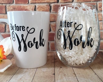 Stemless Wine Glass And Coffee Mug Set, Employee Christmas Gift, Christmas Gift For Boss, Before Work After Work Glass And Mug Gift Set