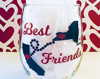 Long Distance Wine Glass, State To State Friendship Wine Glass, Long Distance Best Friends Wine Glass, Moving Gift