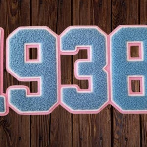 May include: A chenille patch displaying the number 1938 in a varsity font. The numbers feature a textured light blue center, a white border, and a pink outer edge, creating a layered appearance suitable for application onto fabric surfaces.