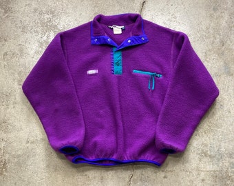 Vintage anni '80 anni '90 Columbia Pullover con bottone a pressione Pile viola Made in USA Uomo Piccolo