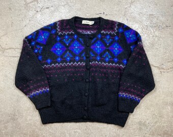 Vintage LL Bean Fair Isle Black Mohair Cardigan Sweater Women’s Xl