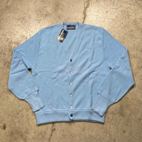 Deadstock Vintage 1970s Arnold Palmer Robert Bruce Orlon Acrylic Sky Blue Knit Cardigan Men s Large Made in USA