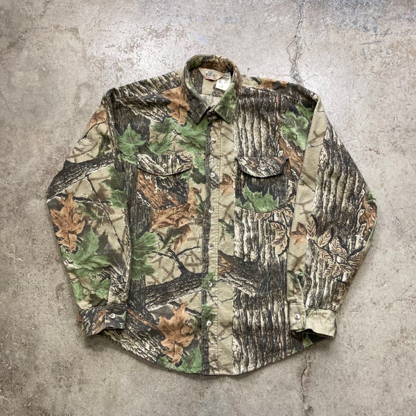 Vintage 1980s Red Head Leaf Bark Tree Camo Heavy-Weight Chamois Made in USA Button Up Shirt Men’s XL