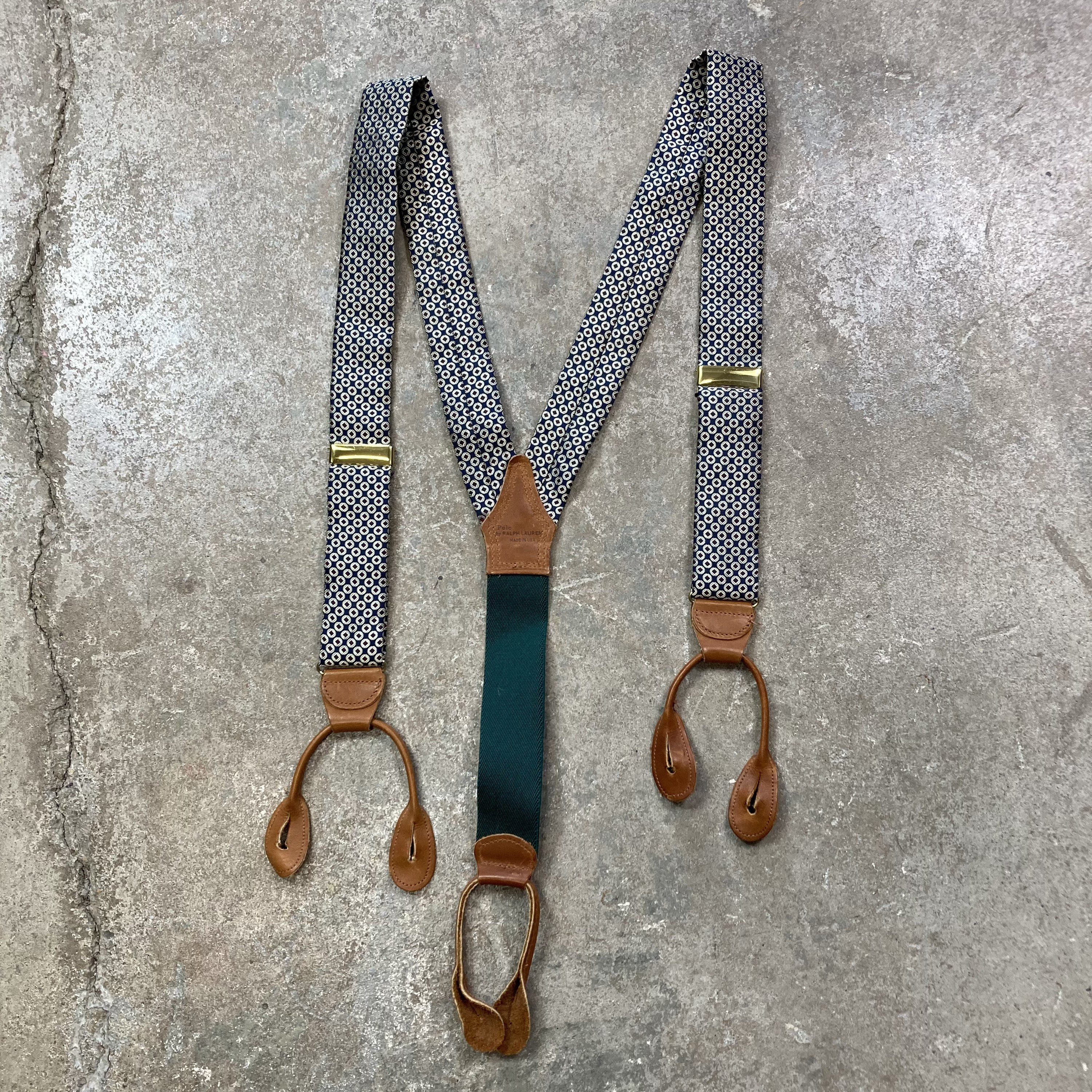 Vintage Polo Ralph Lauren Silk Green Blue Patterned Suspenders Made in USA