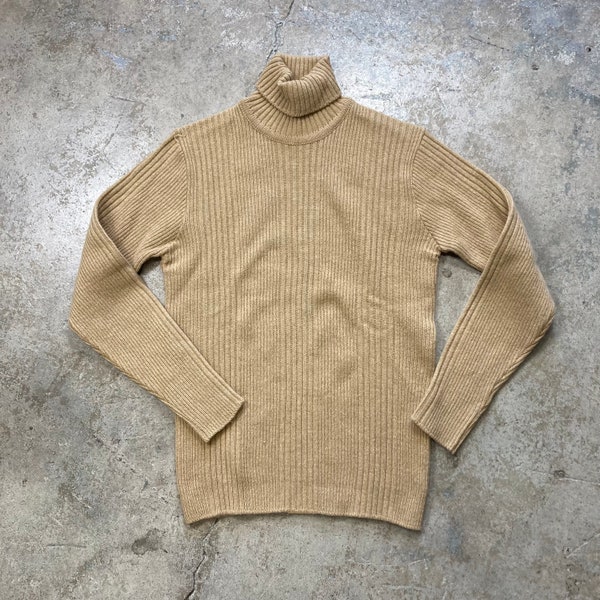 Vintage 1960s 1970s Deadstock Alan Paine Pure Lambs Wool Beige Brown Ribbed Turtleneck Sweater Men’s Medium Made in England