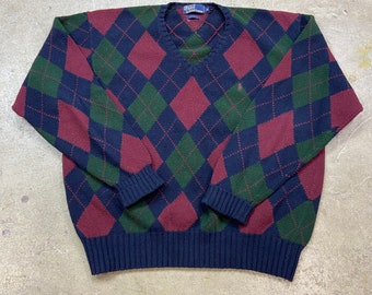 Vintage Polo Ralph Lauren Cotton Argyle V Neck Sweater Sz XL