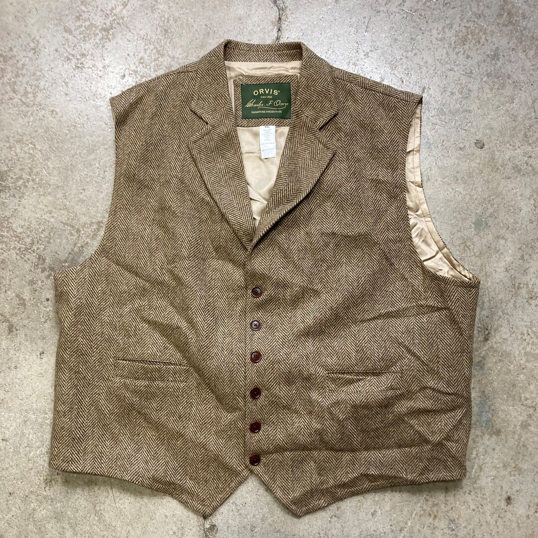 Orvis Signature Brown Herringbone Tweed All Wool Lapel Vest Waist Coat ...
