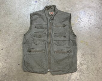 Vintage 1980s Banana Republic Greenish Gray All Cotton Unlined Fishing Hunting Photographers Multi Pocket Vest Sz XL
