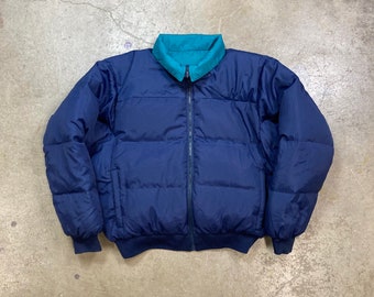 Vintage Columbia Quilted Goose Down Puffer Reversible Color Block Teal Navy Coat Jacket Men’s Large