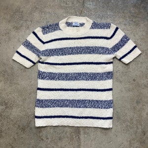 Vintage 1960s Sears Blue White Cotton Blend Knit Short Sleeve Sweater Sz Medium?