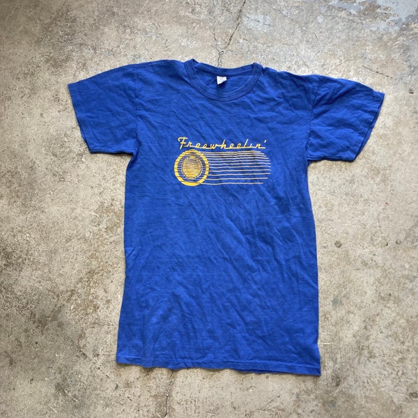NIP Vintage 1960s 70s All Cotton Blue Graphic Free Wheelin’ T-Shirt Large