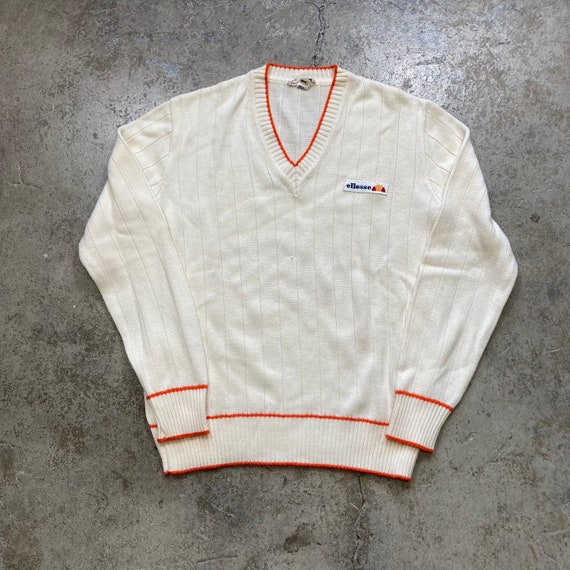 Vintage 80s Ellesse Ivory Orange Wool Blend  V-Ne… - image 1