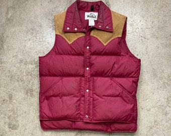 Vintage 1970s 80s Woolrich Maroon Suede Yoke Goose Down Quilted Pearl Snap Button Puffer Vest Sz Medium Made in USA