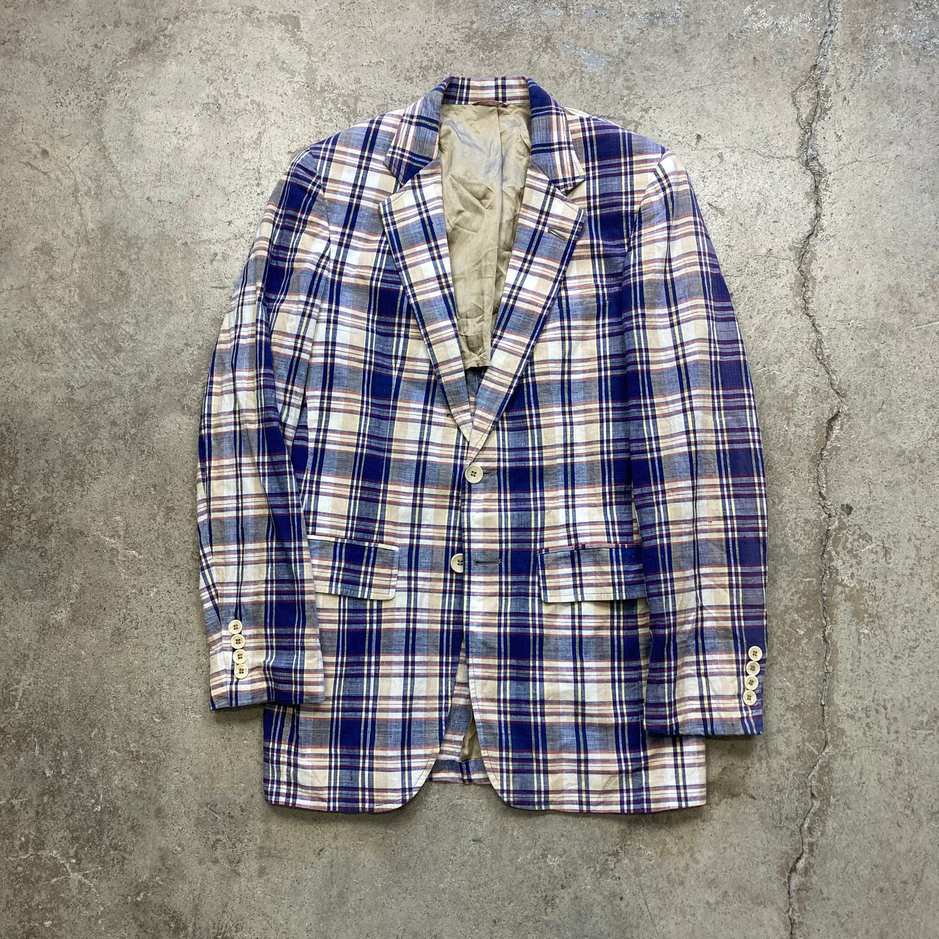 Vintage 1960s 70s Madras Blue Dusty Pink Pink Check Cotton Sport Coat Blazer Jacket 36R Made in USA