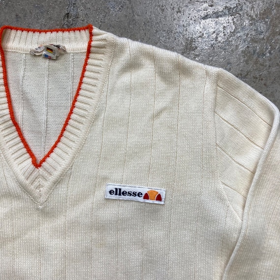 Vintage 80s Ellesse Ivory Orange Wool Blend  V-Ne… - image 2