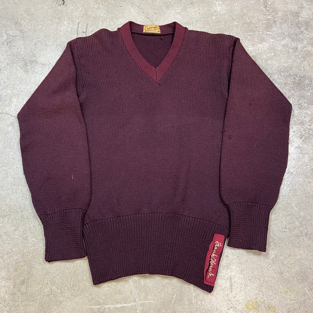 Vintage 1940s Logan Knitting Mills Maroon V Neck Varsity Sweater XL Etsy