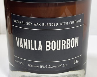 Vanilla Bourbon Soy Wax Coconut Wax  Candle with wood wick all Natural 50 Hours 9oz