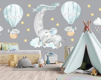 Elephant and Hot Air Balloons Nursery Decals - Baby Room Wall Stickers - Clouds - Stars - Blue & Gray Colors - Watercolor Animals Design