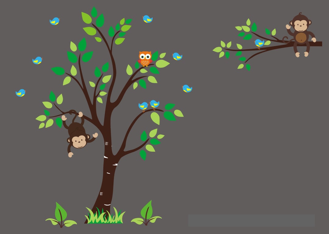 Reusable Wall Art Large Tree Decal Monkey Wall Decal Nursery Wall ...