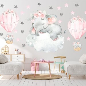 Pink Baby Room Decals - Cute  Sleeping Elephant Stickers - Peel and Stick Nursery Decals - Little Girl's Room Decals - Hot Air Balloons