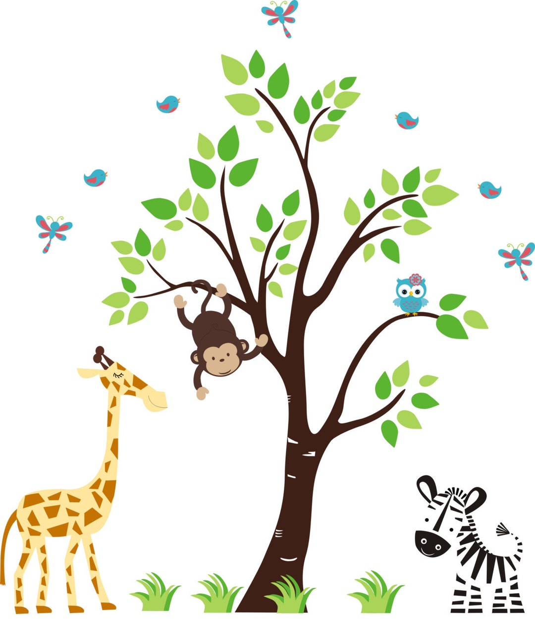 Baby Nursery Decor, Wall Decals, Jungle Safari Animals Monkeys, Tree Nature Reusable Removable