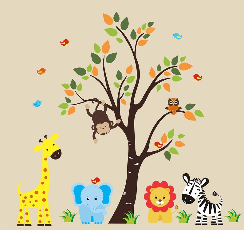 83 x 97 Kids Art Kids Room Decals Animal Wall Decor Baby Decals Large Tree Decal Baby Boy Nursery Decals Baby Boy Decals