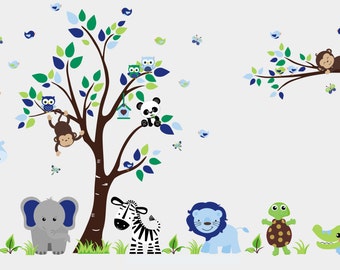 Boys Nursery Decals - Nursery Wall Decals - Blue Animal Decals - Boys Room Wall Stickers - Blue Nursery Decor - Safari Animals  - 88" x 132"