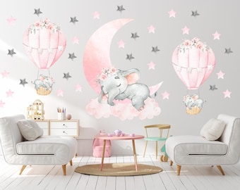 Pastel Sleepy Moon Star Cloud Wall Stickers Decals Nursery Children's Grey Pink 